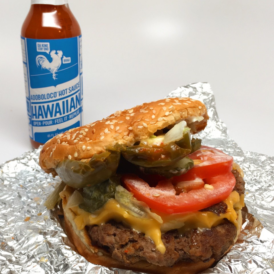 Five Guys Cheese Burger with Jalapeno Chicos and Adoboloco Hawaiian Hot