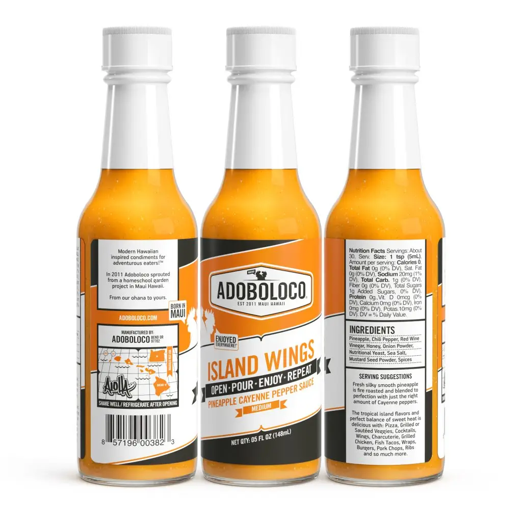 Island Wings Pepper Sauce – Sweet, Spicy Fire-Roasted Pineapple & Tropical Vibes - All 3 sides of the label